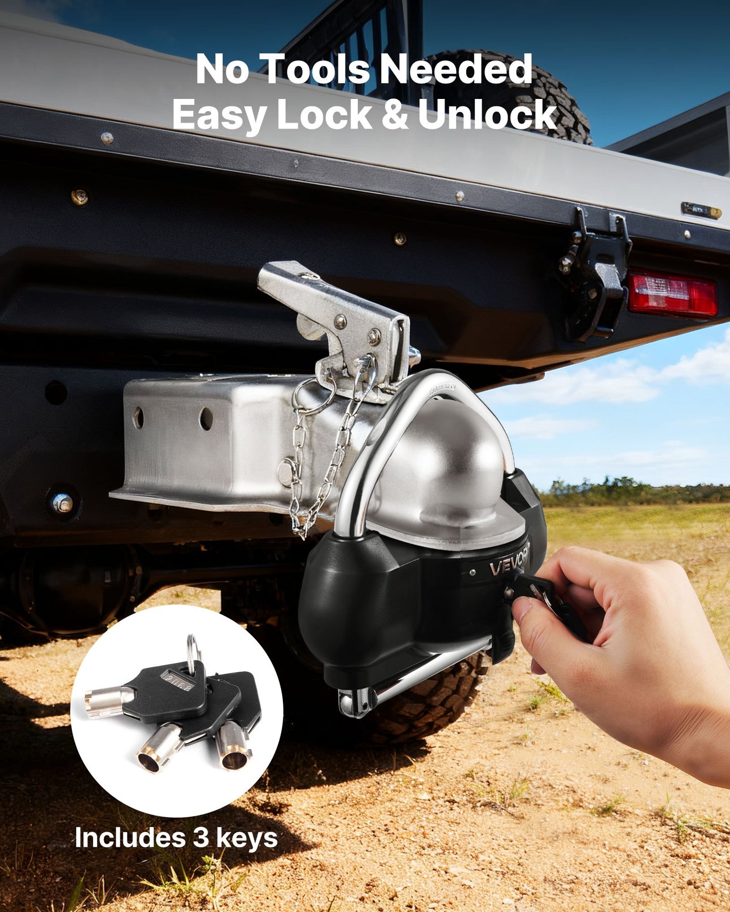 Trailer Hitch Lock, Fits for 1-7/8 in, 2 in, 2-5/16 in Couplers, Heavy-Duty Anti-Theft Trailer Ball Lock with 3 Keys, Prying-Resistant, Adjustable Height Design for RVs, Boats, Trailers, Black