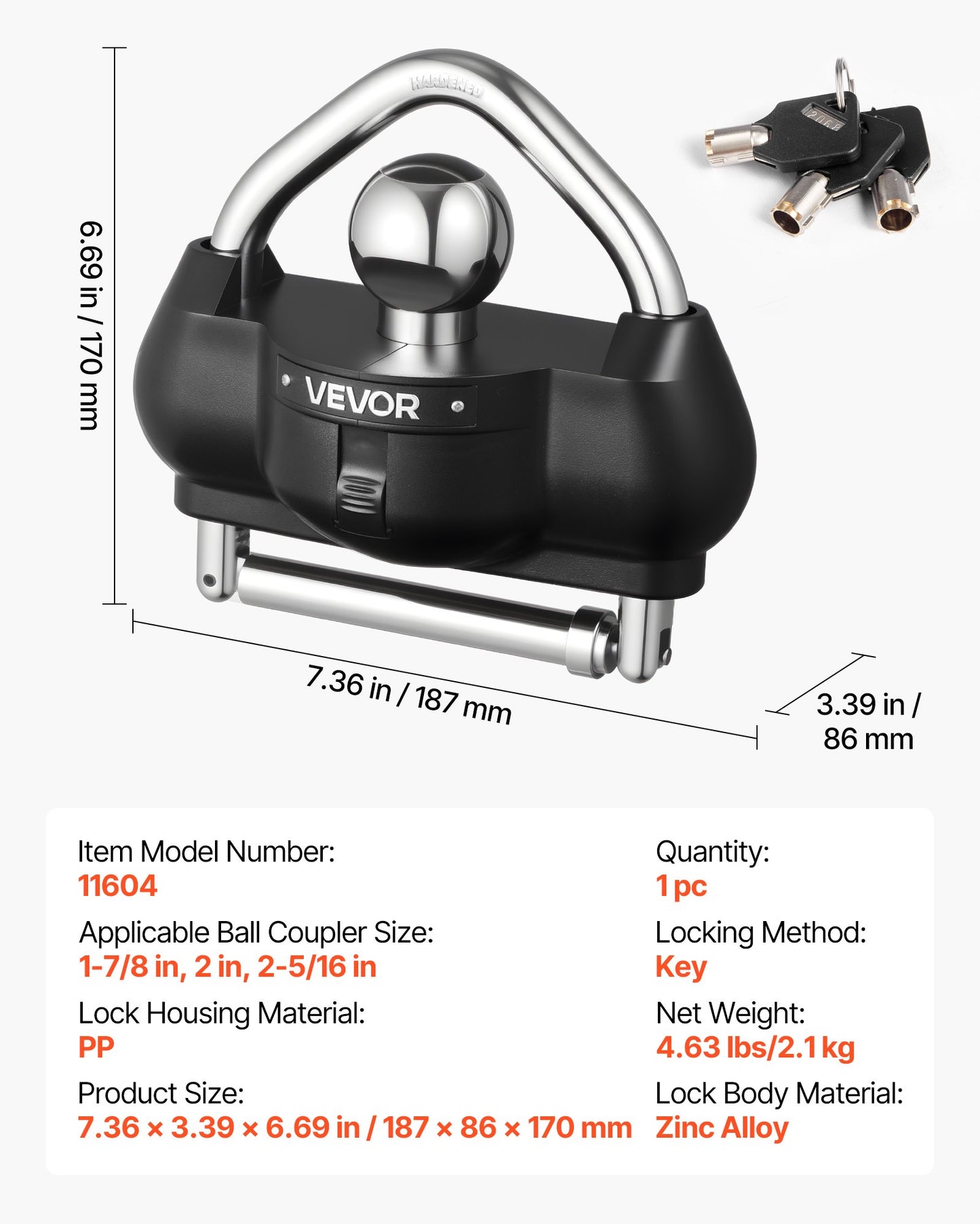 Trailer Hitch Lock, Fits for 1-7/8 in, 2 in, 2-5/16 in Couplers, Heavy-Duty Anti-Theft Trailer Ball Lock with 3 Keys, Prying-Resistant, Adjustable Height Design for RVs, Boats, Trailers, Black