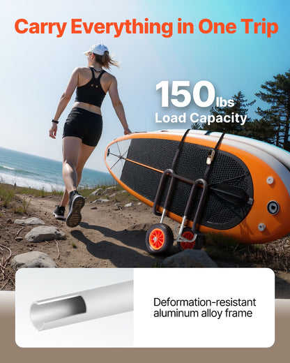 Kayak Cart, 150 lbs Load Capacity, Stand Up Paddle Board Trolley with 10-inch Solid Rubber Tires & Kickstands, Paddle Board Carrier with Ratchet Strap for Paddleboard & Surfboard Transport