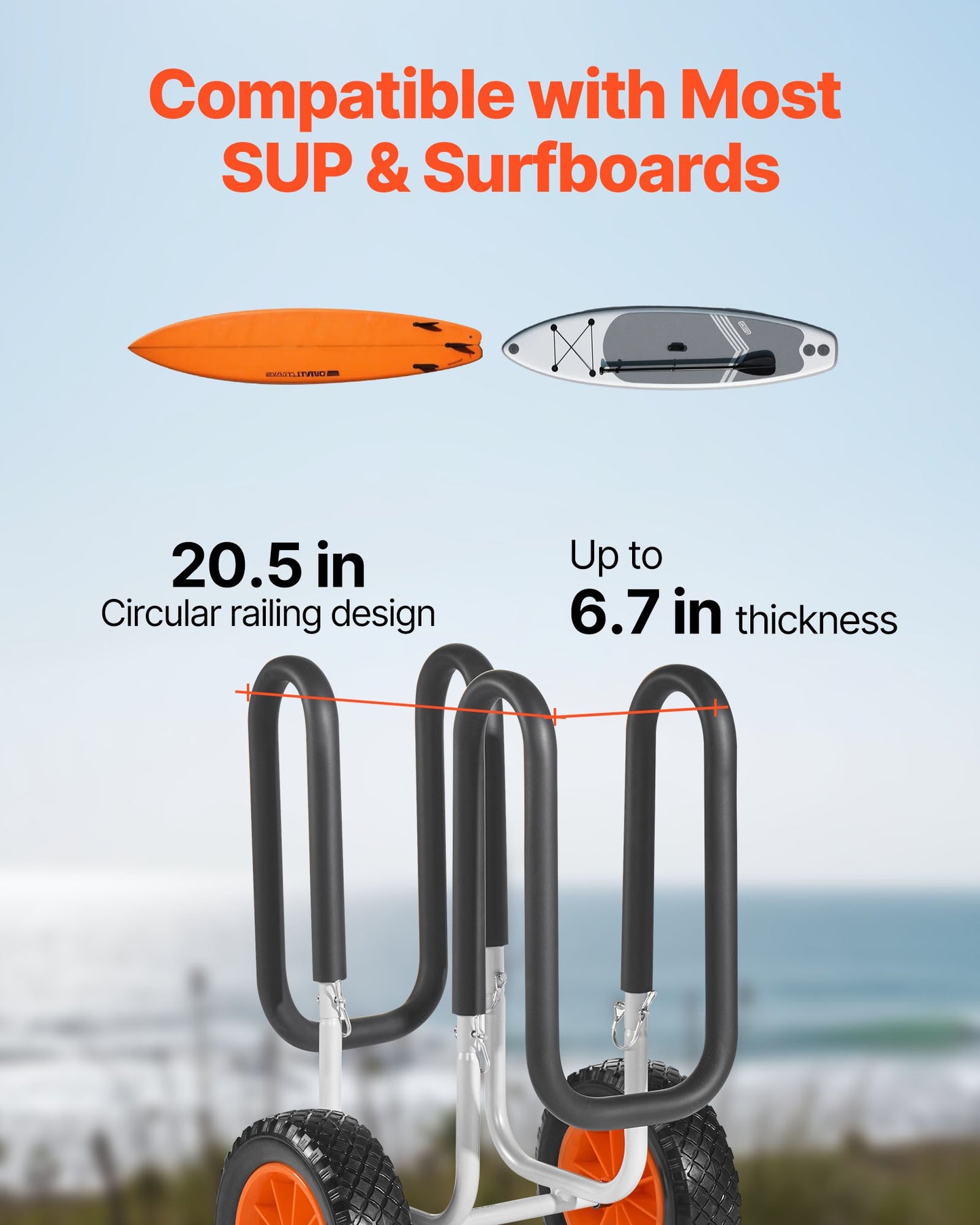 Kayak Cart, 150 lbs Load Capacity, Stand Up Paddle Board Trolley with 10-inch Solid Rubber Tires & Kickstands, Paddle Board Carrier with Ratchet Strap for Paddleboard & Surfboard Transport