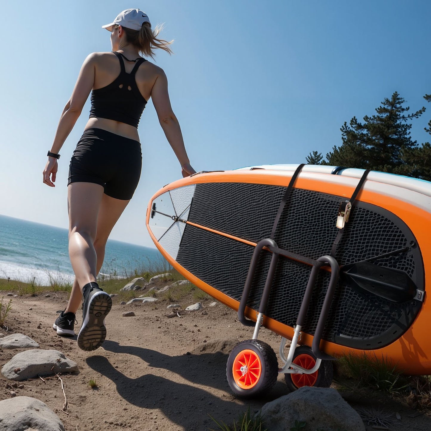 Kayak Cart, 150 lbs Load Capacity, Stand Up Paddle Board Trolley with 10-inch Solid Rubber Tires & Kickstands, Paddle Board Carrier with Ratchet Strap for Paddleboard & Surfboard Transport