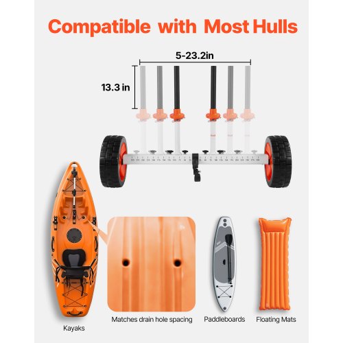 Kajakvagn, 104 kg lastkapacitet, Kanotvagn med 25,4 cm massiva PU-däck och stöd, Monteras och demonteras inom några sekunder, Paddleboardvagn för kajaker, kanoter, paddleboards |  EU