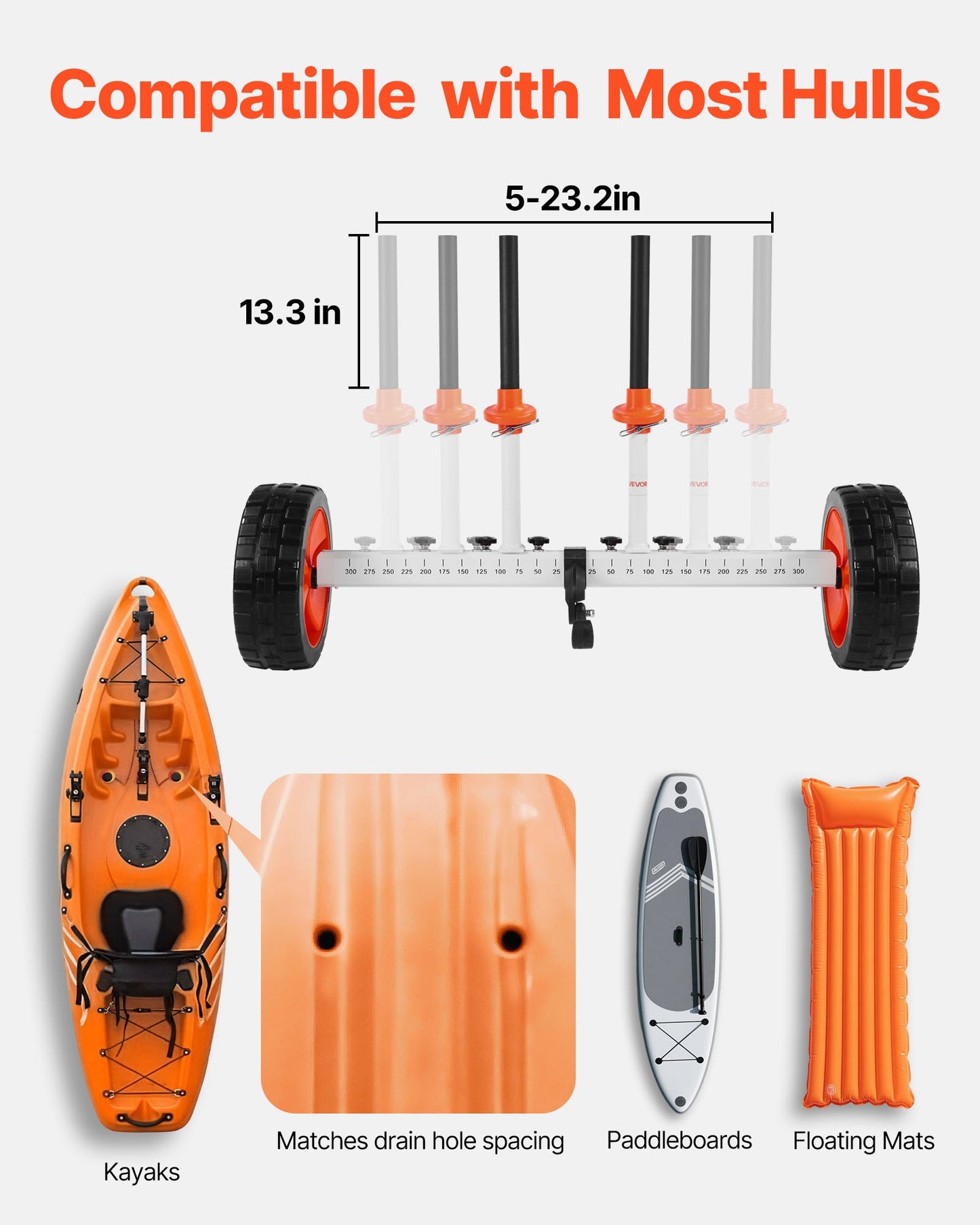 Kayak Cart, 230 lbs Load Capacity, Canoe Cart Dolly with 10-inch Solid PU Tires & Kickstand, Assembles & Disassembles Within Seconds, Paddle Board Trolley for Kayaks, Canoes, Paddleboards