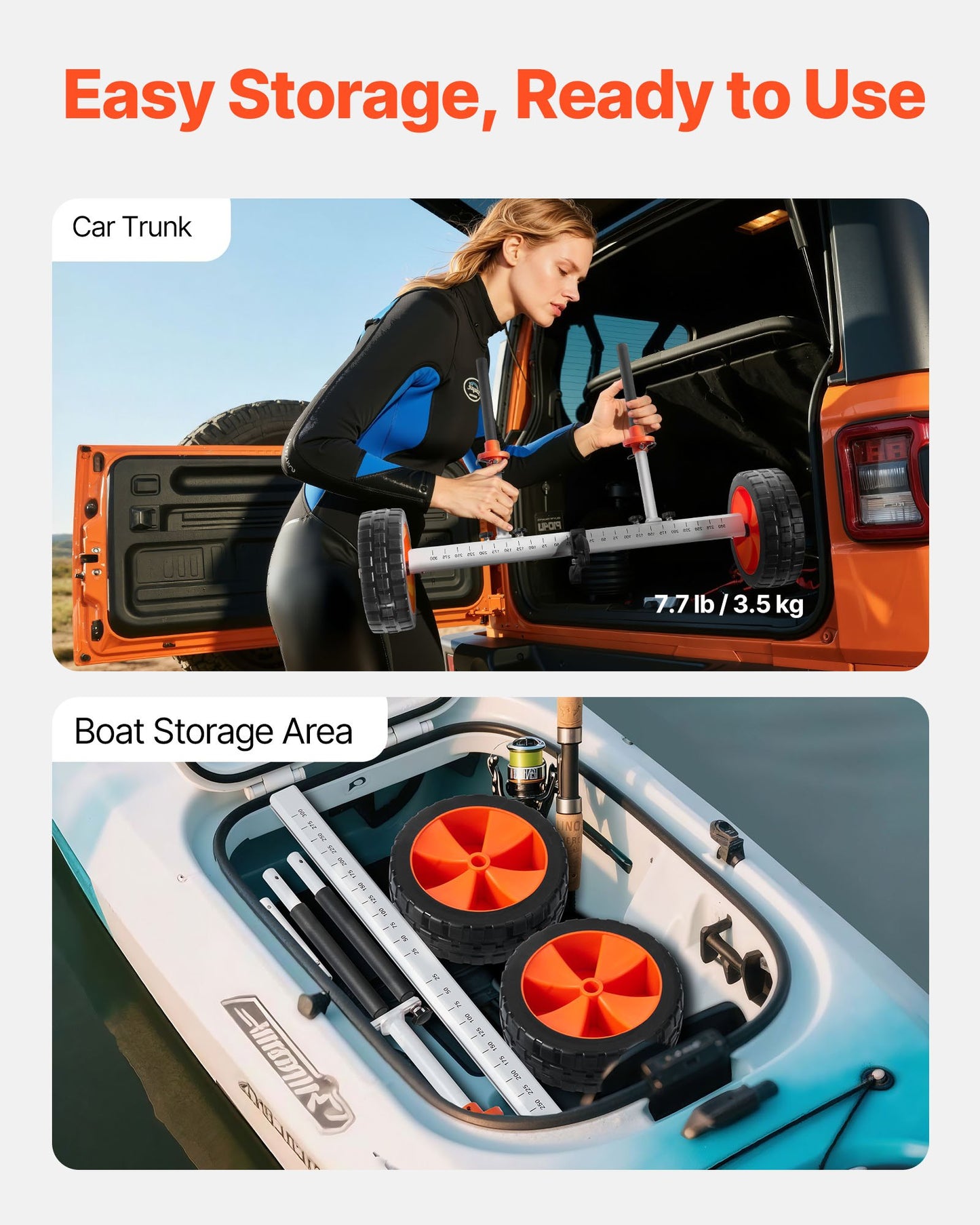 Kayak Cart, 230 lbs Load Capacity, Canoe Cart Dolly with 10-inch Solid PU Tires & Kickstand, Assembles & Disassembles Within Seconds, Paddle Board Trolley for Kayaks, Canoes, Paddleboards