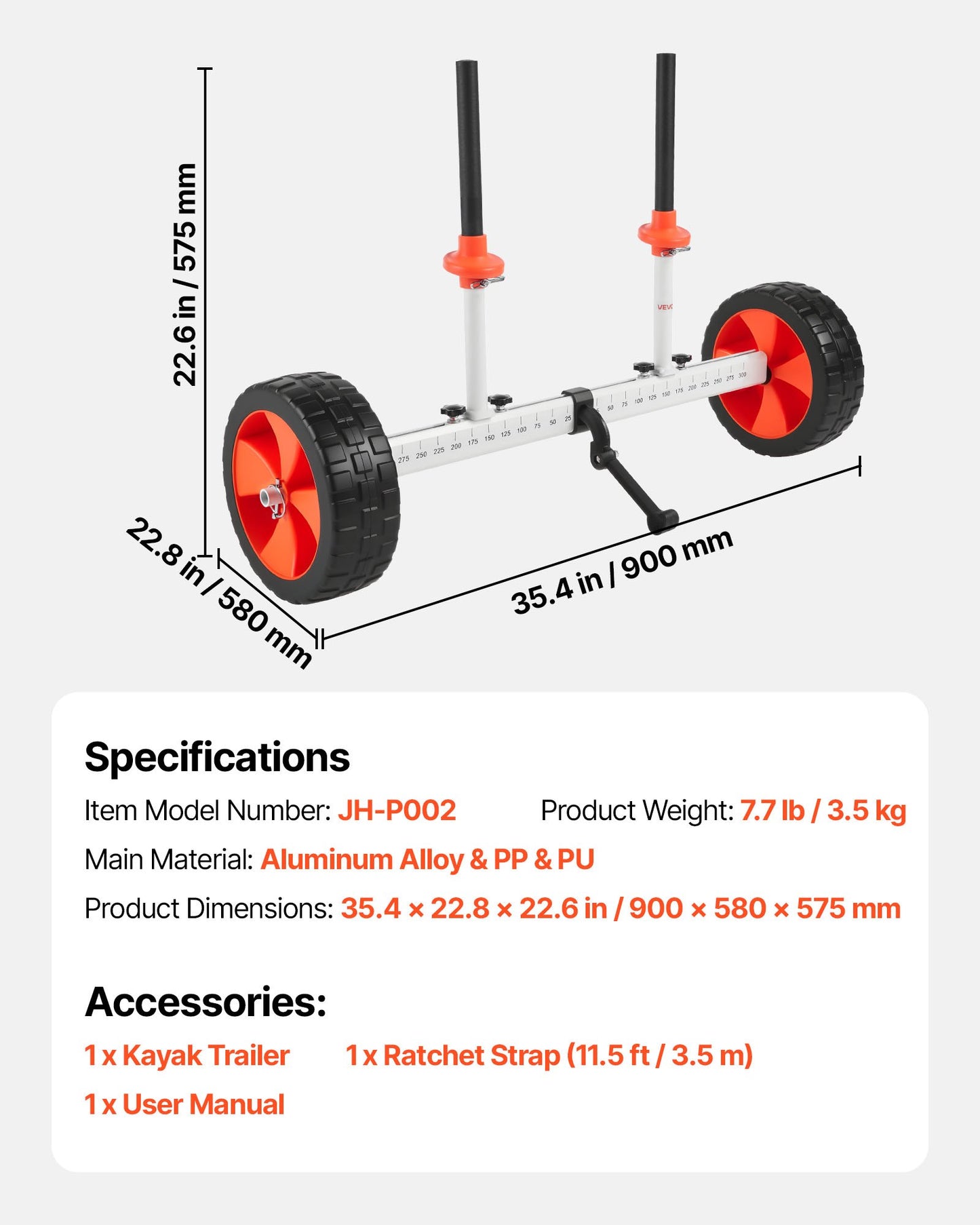 Kayak Cart, 230 lbs Load Capacity, Canoe Cart Dolly with 10-inch Solid PU Tires & Kickstand, Assembles & Disassembles Within Seconds, Paddle Board Trolley for Kayaks, Canoes, Paddleboards