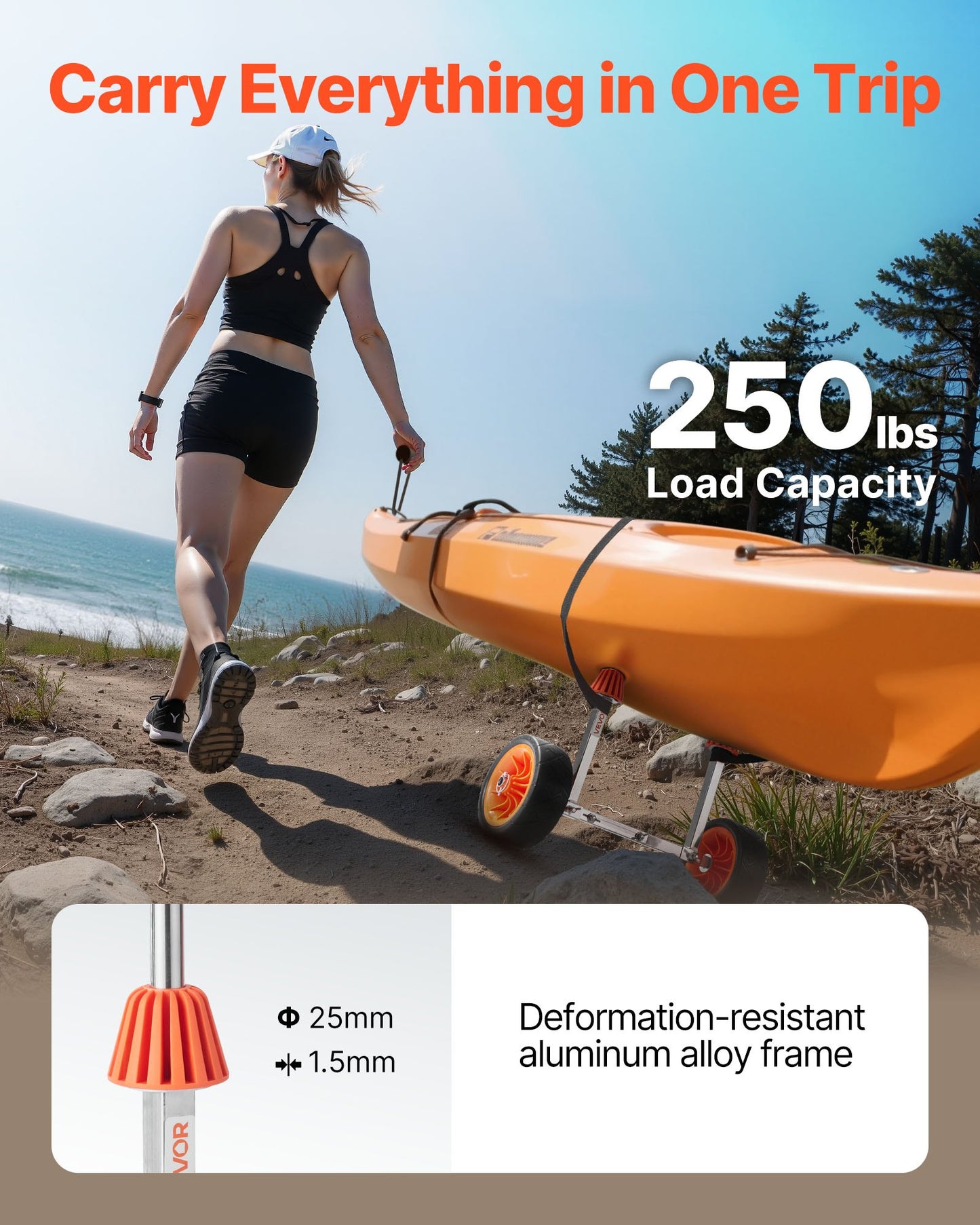 Kayak Cart, 250 lbs Load Capacity, Canoe Cart Dolly with 7.5-inch Solid Rubber Tires & Kickstand, Assembles & Disassembles Within Seconds, Paddle Board Trolley for Kayaks, Canoes, Paddleboards