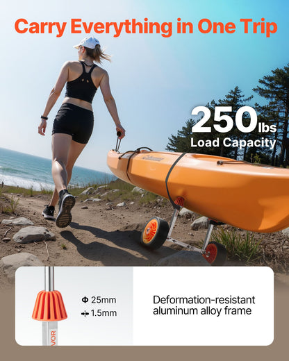 Kayak Cart, 250 lbs Load Capacity, Canoe Cart Dolly with 7.5-inch Solid Rubber Tires & Kickstand, Assembles & Disassembles Within Seconds, Paddle Board Trolley for Kayaks, Canoes, Paddleboards