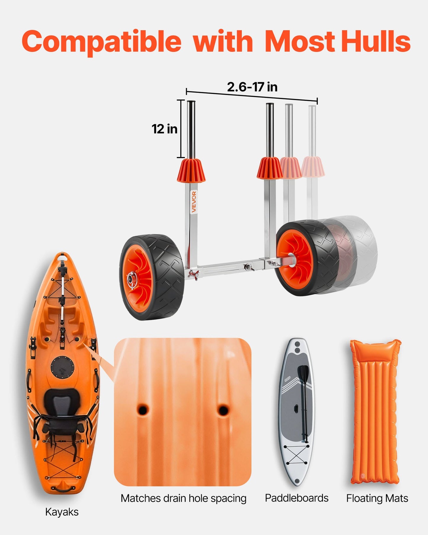 Kayak Cart, 250 lbs Load Capacity, Canoe Cart Dolly with 7.5-inch Solid Rubber Tires & Kickstand, Assembles & Disassembles Within Seconds, Paddle Board Trolley for Kayaks, Canoes, Paddleboards
