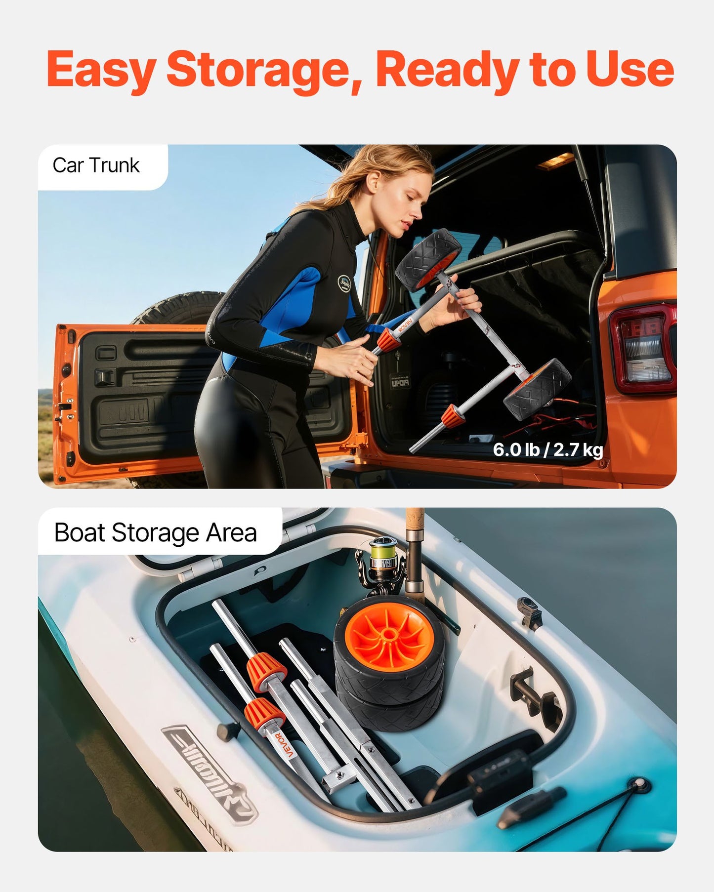 Kayak Cart, 250 lbs Load Capacity, Canoe Cart Dolly with 7.5-inch Solid Rubber Tires & Kickstand, Assembles & Disassembles Within Seconds, Paddle Board Trolley for Kayaks, Canoes, Paddleboards