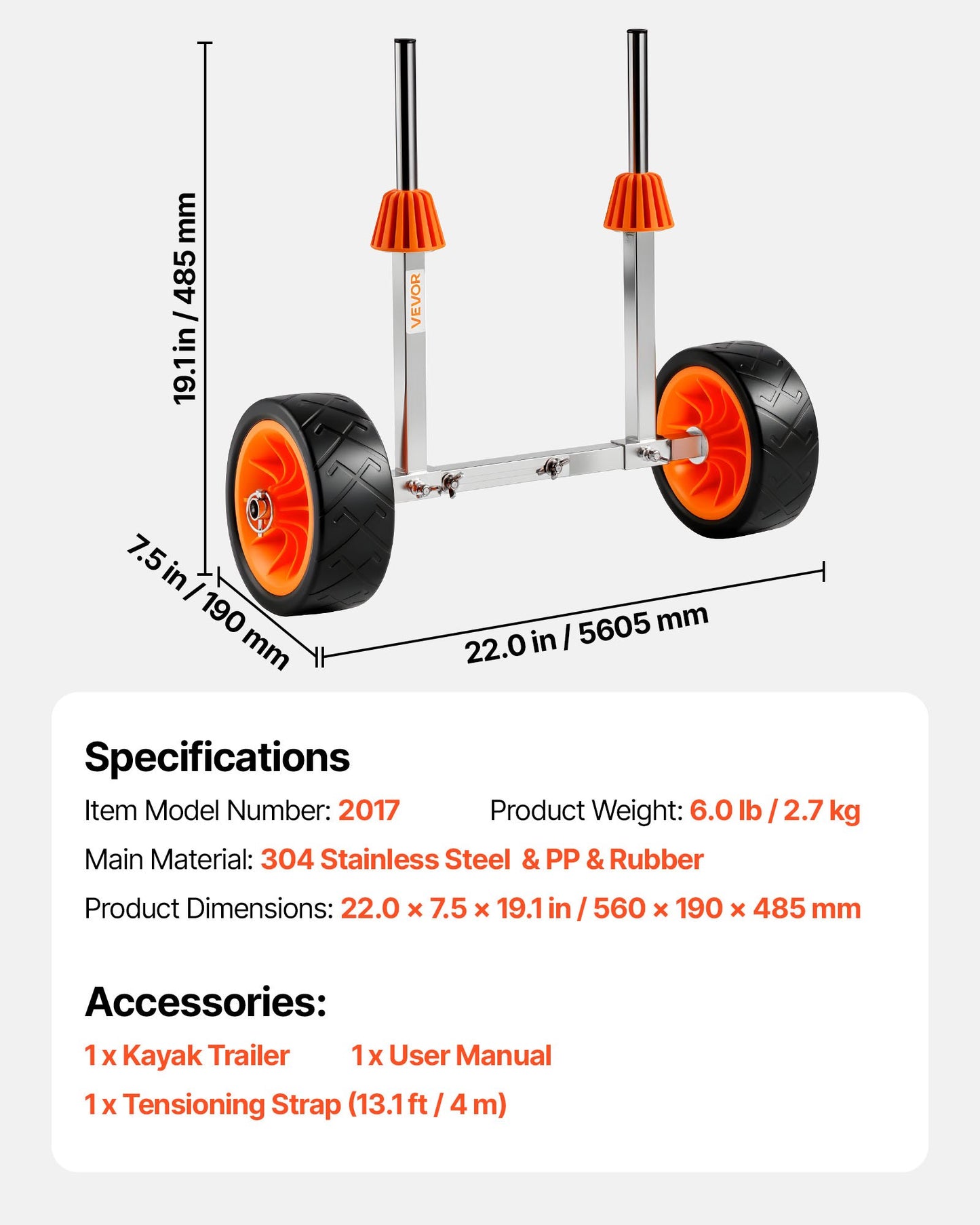 Kayak Cart, 250 lbs Load Capacity, Canoe Cart Dolly with 7.5-inch Solid Rubber Tires & Kickstand, Assembles & Disassembles Within Seconds, Paddle Board Trolley for Kayaks, Canoes, Paddleboards