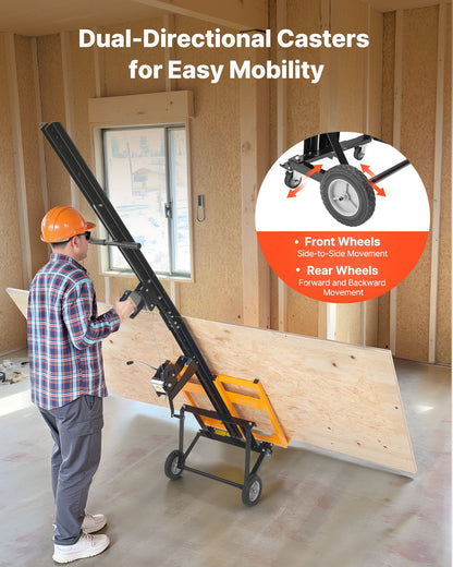 Drywall Lift, Heavy-Duty 150 lbs Sheetrock Hoist for Wall Installation, One Person Drywall Installation, 4 x 16 ft Max. Panel Lifter Jack Hoist with Wheels, Easy Transport (Yellow)