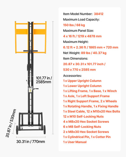 Drywall Lift, Heavy-Duty 150 lbs Sheetrock Hoist for Wall Installation, One Person Drywall Installation, 4 x 16 ft Max. Panel Lifter Jack Hoist with Wheels, Easy Transport (Yellow)