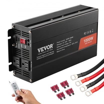 Sine Wave Converter, 1000W, DC 12V to AC 120V, with Dual AC Sockets, 1 USB, 1 Type-C, Remote Operation for Portable Electronics, CE FCC Approved
