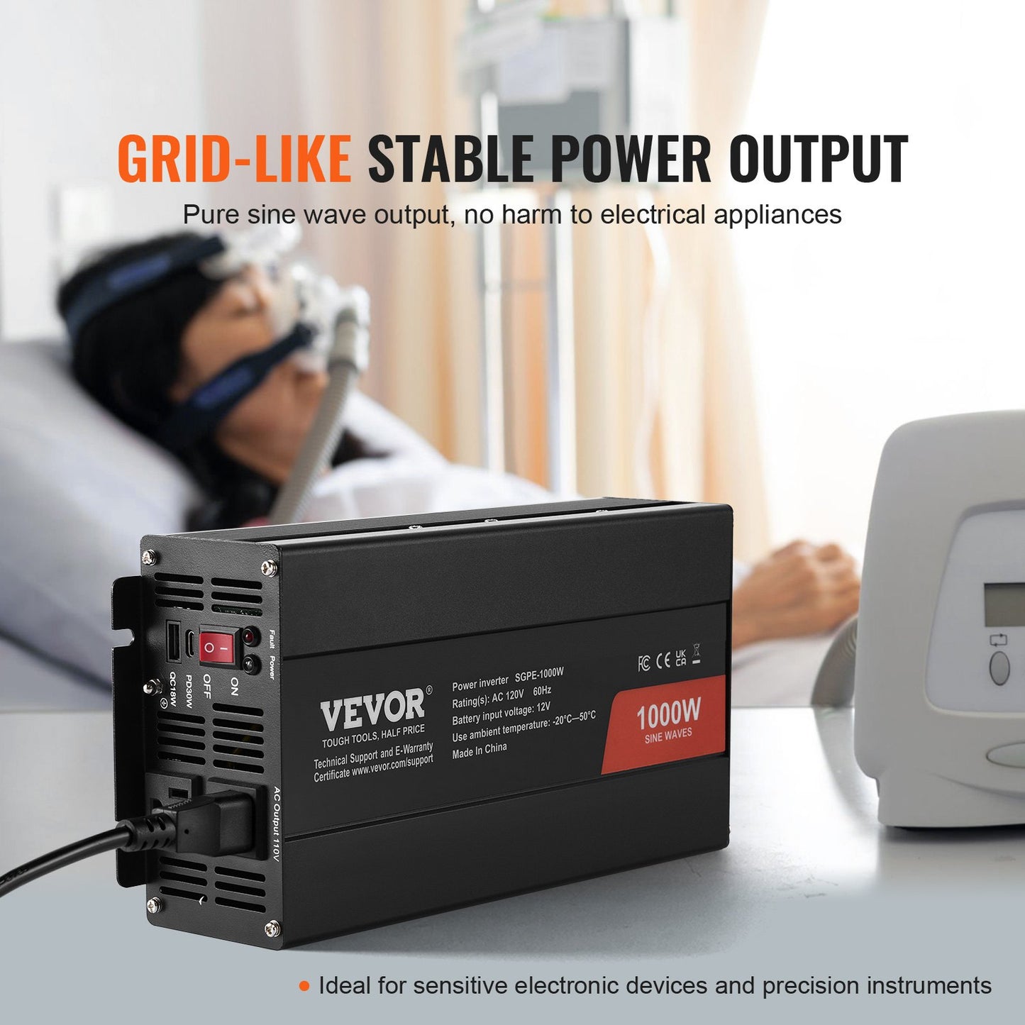 Sine Wave Converter, 1000W, DC 12V to AC 120V, with Dual AC Sockets, 1 USB, 1 Type-C, Remote Operation for Portable Electronics, CE FCC Approved