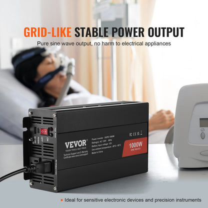 Sine Wave Converter, 1000W, DC 12V to AC 120V, with Dual AC Sockets, 1 USB, 1 Type-C, Remote Operation for Portable Electronics, CE FCC Approved