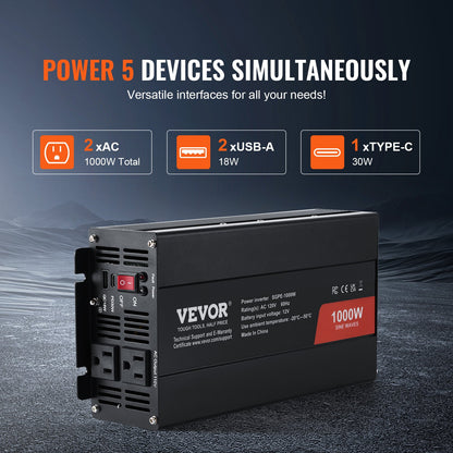 Sine Wave Converter, 1000W, DC 12V to AC 120V, with Dual AC Sockets, 1 USB, 1 Type-C, Remote Operation for Portable Electronics, CE FCC Approved