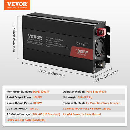 Sine Wave Converter, 1000W, DC 12V to AC 120V, with Dual AC Sockets, 1 USB, 1 Type-C, Remote Operation for Portable Electronics, CE FCC Approved