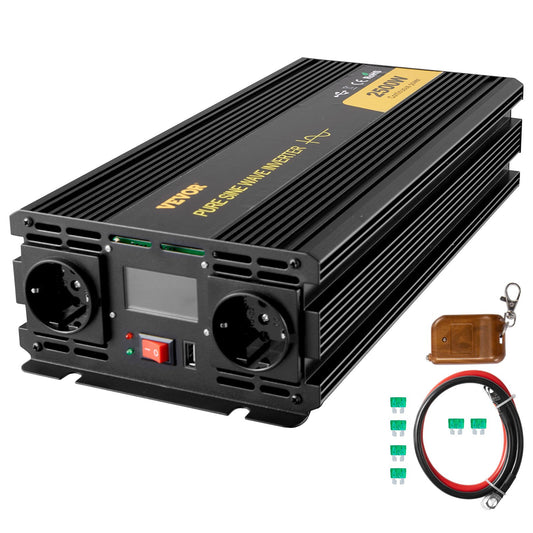 Pure Sine Wave Inverter 2500W Power Inverter DC 12V AC 230V, Bil Inverter USB Port LCD Display Fjärrkontroll, Säkerhetsskydd, Power Converter För RV Lastbilar Båtar och nödsituationer