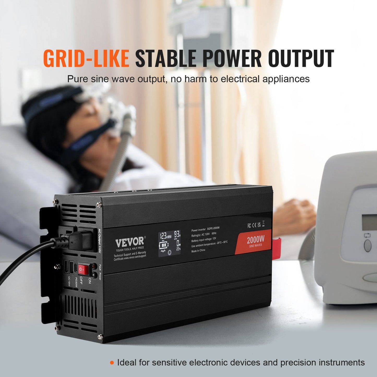 Pure Sine Wave Inverter, 2000 Watt, DC 12V to AC 110V Power Inverter with 2 AC Outlets 2 USB Port 1 Type-C Port, LCD Display and Remote Controller for Medium-Sized Household Equipment, CE FCC