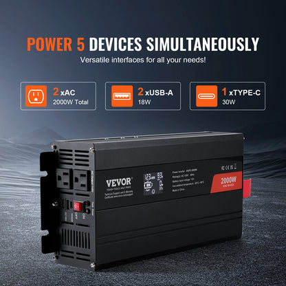 Pure Sine Wave Inverter, 2000 Watt, DC 12V to AC 110V Power Inverter with 2 AC Outlets 2 USB Port 1 Type-C Port, LCD Display and Remote Controller for Medium-Sized Household Equipment, CE FCC