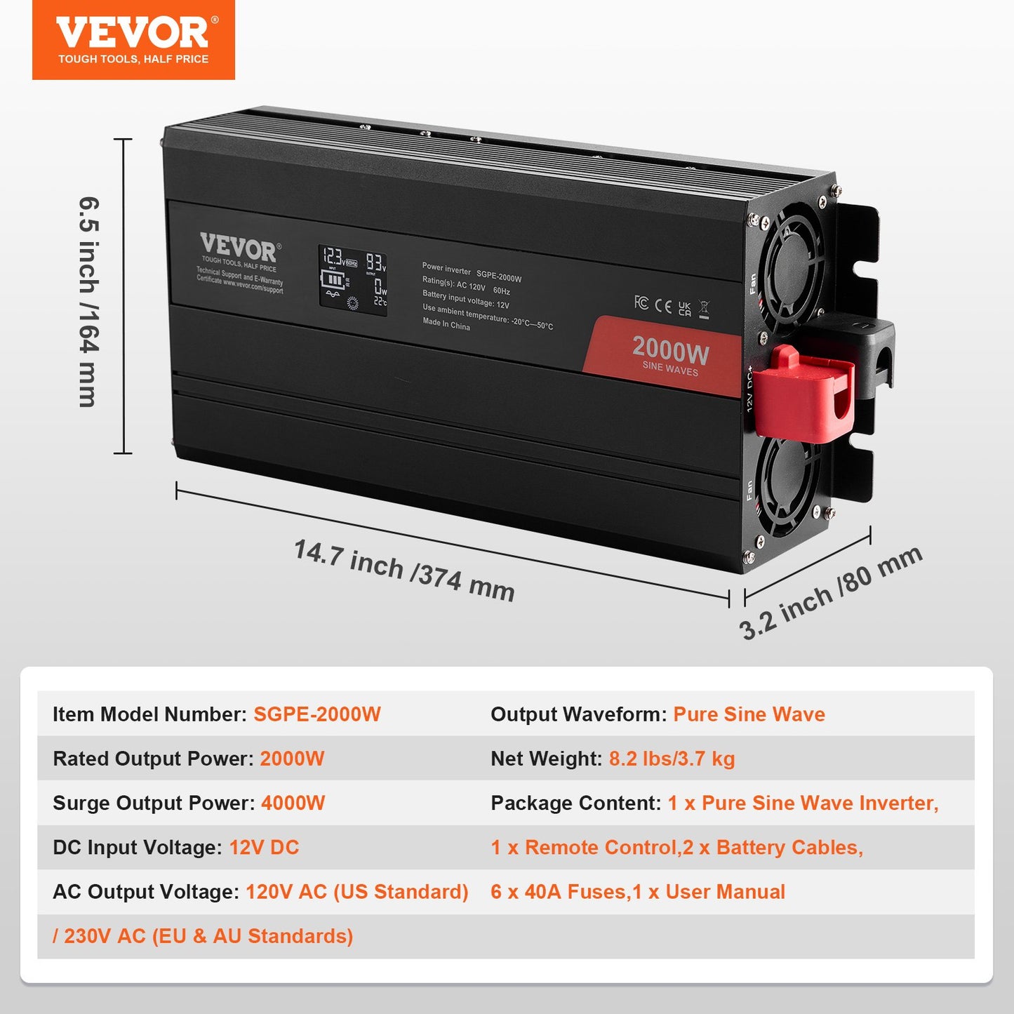 Pure Sine Wave Inverter, 2000 Watt, DC 12V to AC 110V Power Inverter with 2 AC Outlets 2 USB Port 1 Type-C Port, LCD Display and Remote Controller for Medium-Sized Household Equipment, CE FCC