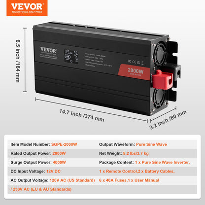 Pure Sine Wave Inverter, 2000 Watt, DC 12V to AC 110V Power Inverter with 2 AC Outlets 2 USB Port 1 Type-C Port, LCD Display and Remote Controller for Medium-Sized Household Equipment, CE FCC