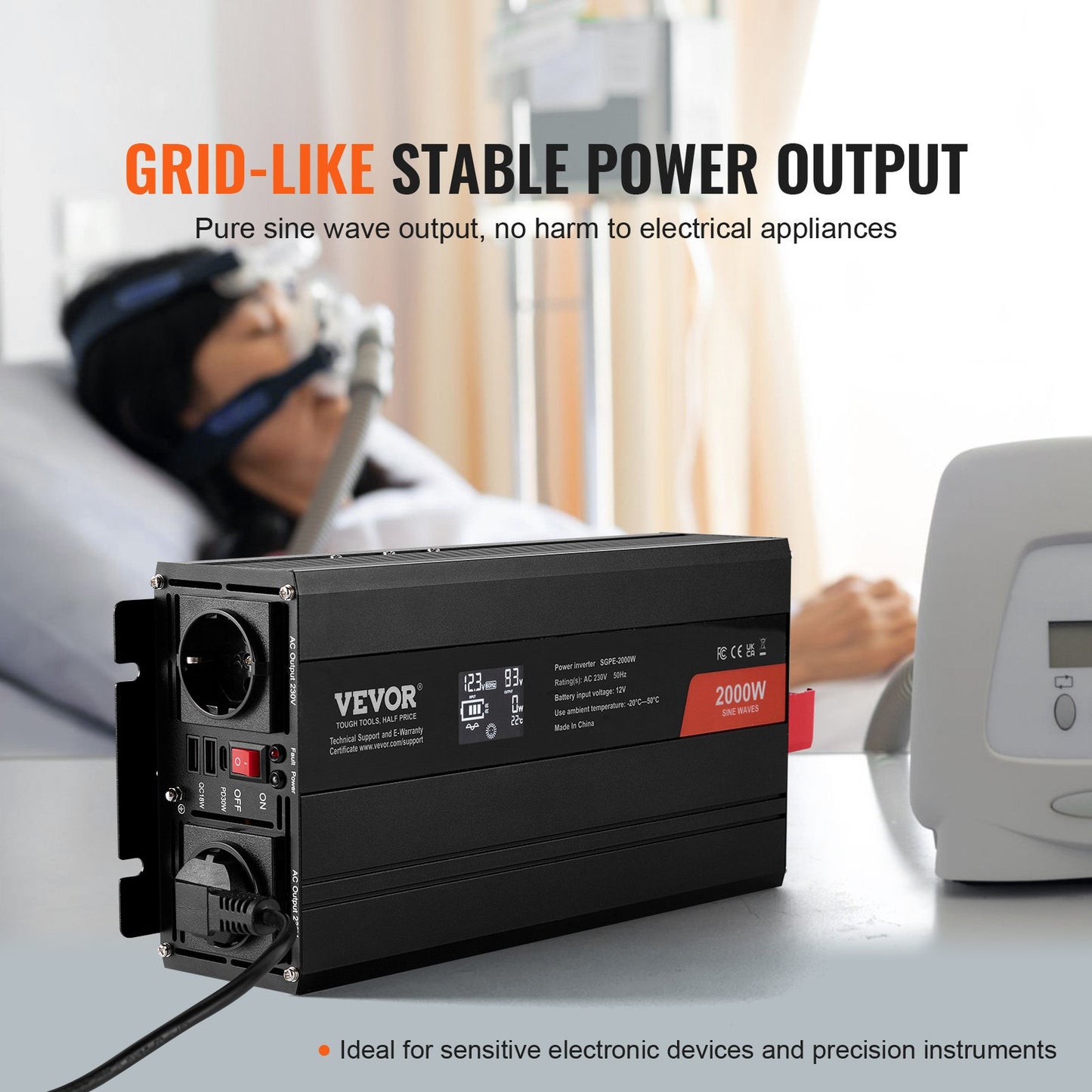 Pure Sine Wave Power Inverter 2000W DC12V till AC230V LCD-fjärrkontroll CE