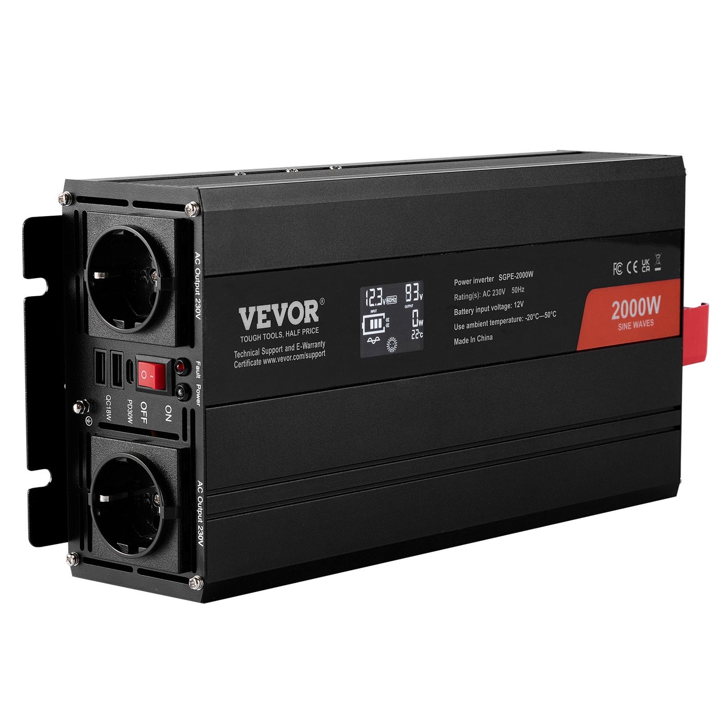 Pure Sine Wave Power Inverter 2000W DC12V till AC230V LCD-fjärrkontroll CE