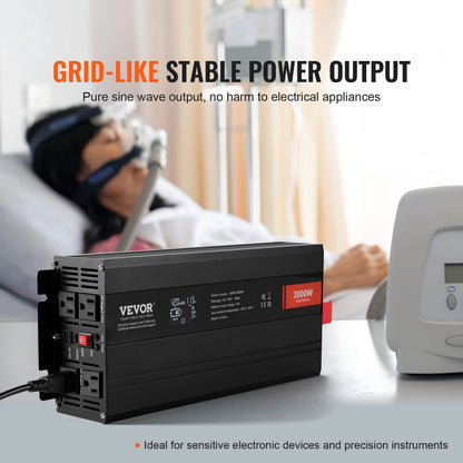 Pure Sine Wave Inverter, 3000 Watt, DC 12V to AC 120V Power Inverter with 2 AC Outlets 2 USB Port 1 Type-C Port, LCD Display and Remote Controller for Large Home Appliances, CE FCC Certified
