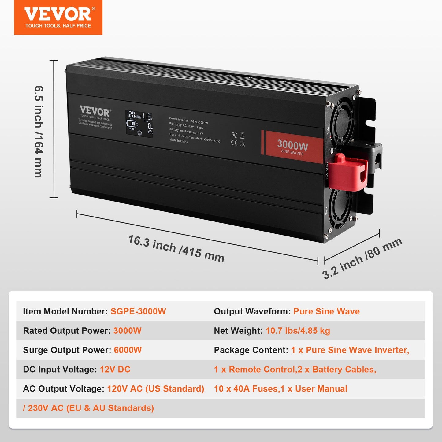 Pure Sine Wave Inverter, 3000 Watt, DC 12V to AC 120V Power Inverter with 2 AC Outlets 2 USB Port 1 Type-C Port, LCD Display and Remote Controller for Large Home Appliances, CE FCC Certified