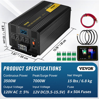 Pure Sine Wave Inverter 3500 Watt Power Inverter, DC 12V to AC 120V Car Inverter, with USB Port LCD Display Remote Controller and AC Outlets (GFCI), for RV Truck Car Solar System Travel Camping