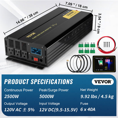 Pure Sine Wave Inverter, 2500 Watt Power Inverter, DC 12V to AC 120V Car Inverter, with USB Port, LCD Display, and Remote Controller Power Converter, for RV Truck Car Solar System Travel Camping