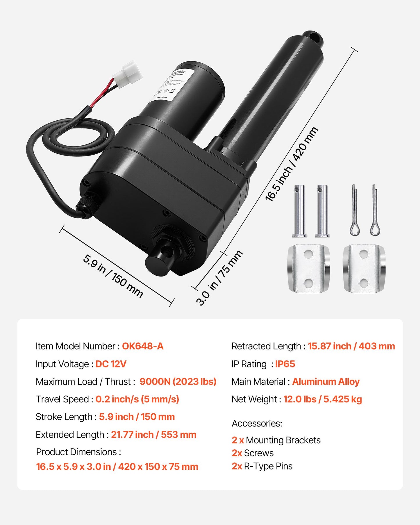 12V Linear Actuator, 6 Inch Ultra Heavy-Duty 2023lbs/9000N Linear Motion Actuator, IP65 Waterproof 0.2"/s with Mounting Brackets for Industrial Machinery Vessels, Heavy Lifting Systems