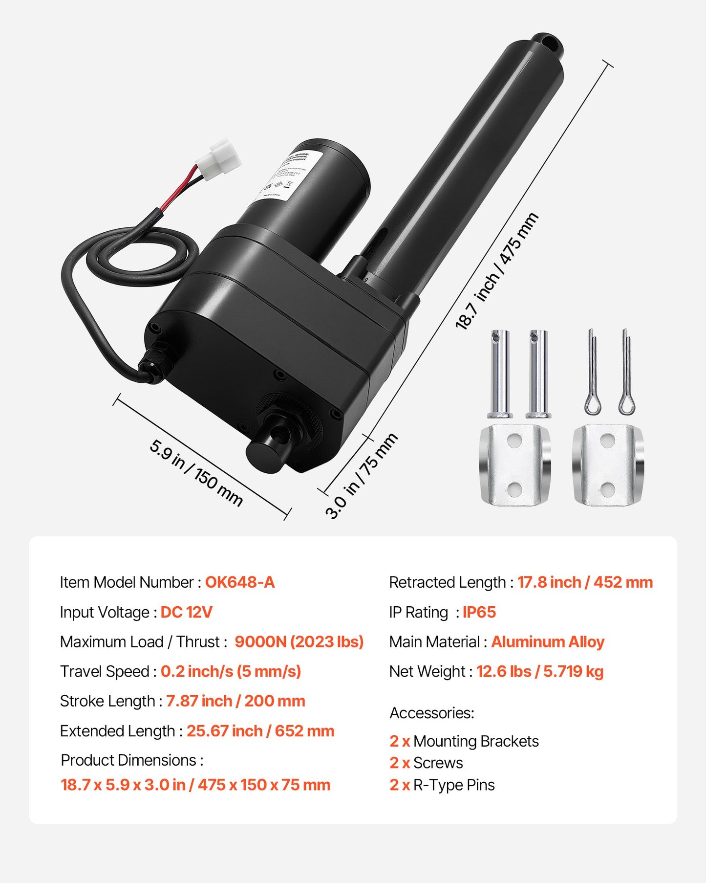 12V Linear Actuator, 7.87 Inch Ultra Heavy-Duty 2023lbs/9000N Linear Motion Actuator, IP65 Waterproof 0.2"/s with Mounting Brackets for Industrial Machinery Vessels, Heavy Lifting Systems