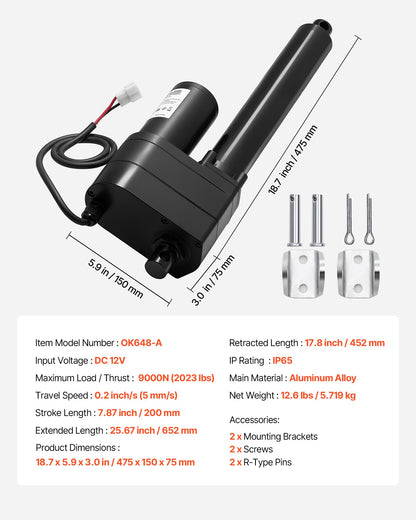 12V Linear Actuator, 7.87 Inch Ultra Heavy-Duty 2023lbs/9000N Linear Motion Actuator, IP65 Waterproof 0.2"/s with Mounting Brackets for Industrial Machinery Vessels, Heavy Lifting Systems