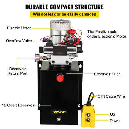 Hydraulic Power Unit 12 Volt Dump Trailer Hydraulic Pump Double Acting 12 Quart Hydraulic Pump Electric Hydraulic Cylinder Pump with Brass Pressure Gauge for Dump Trailer Lift Gates & Trucker