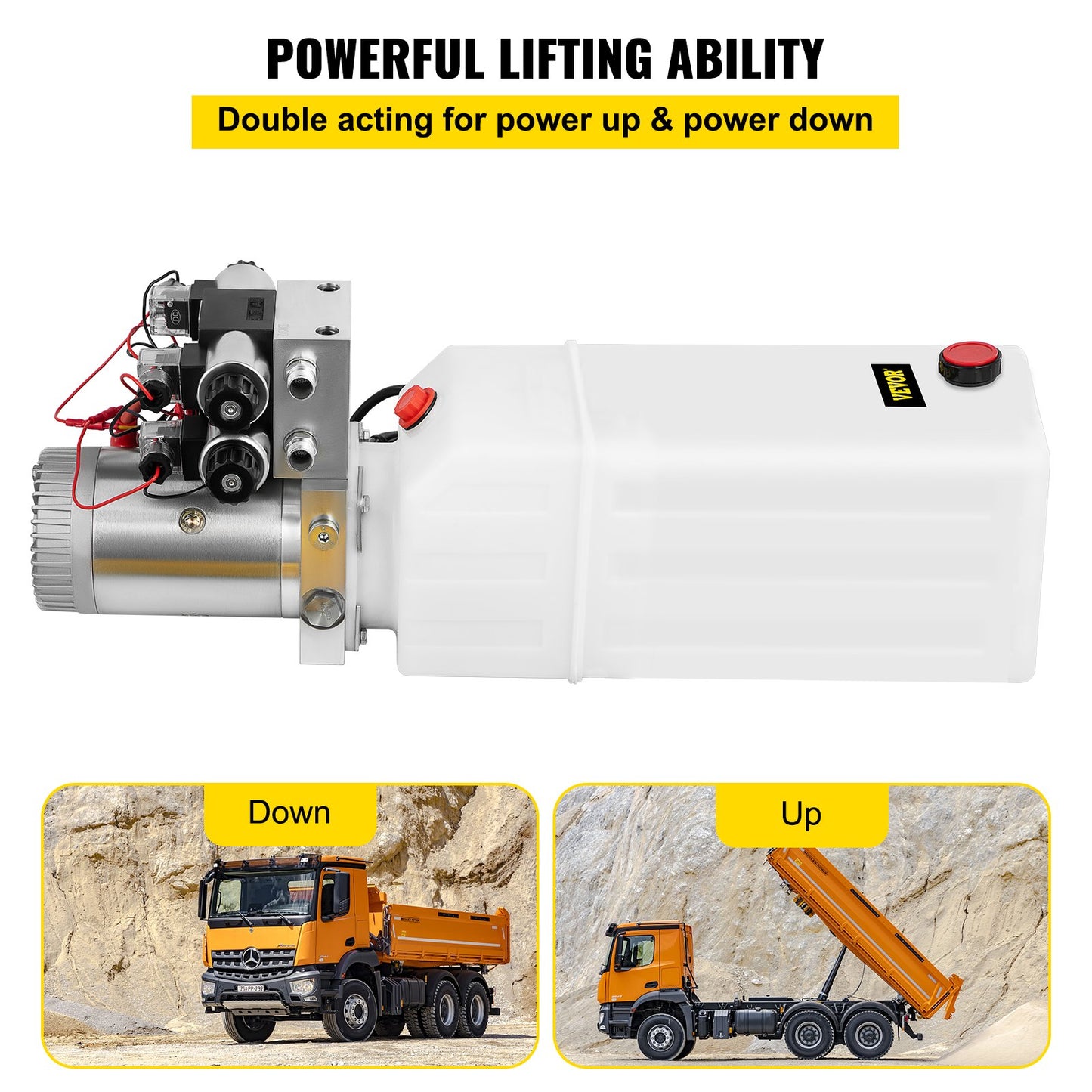 Hydraulic Pump, 8 Quart/2 Gal Double Acting Dump Trailer Pump DC 12V, 3200 PSI Max Relief Pressure, Electric Hydraulic Power Unit for Dump Trailer Car Lifting (with 4pcs SAE #6 Connectors)
