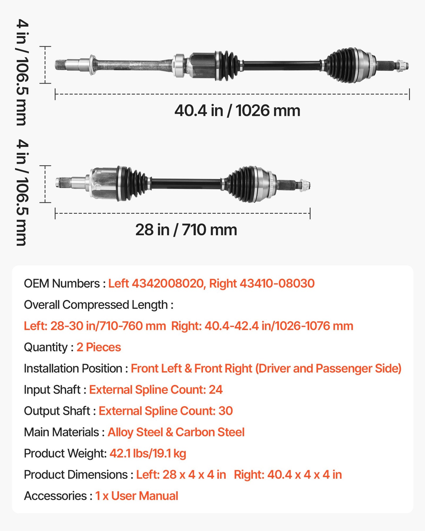 CV Axle Shaft Assembly, 2 Pieces Front Left & Right (Driver and Passenger Side), Automotive Replacement CV Joint Axles Pair Compatible with 2004-2010 Toyota Sienna, Alloy Steel & Carbon Steel
