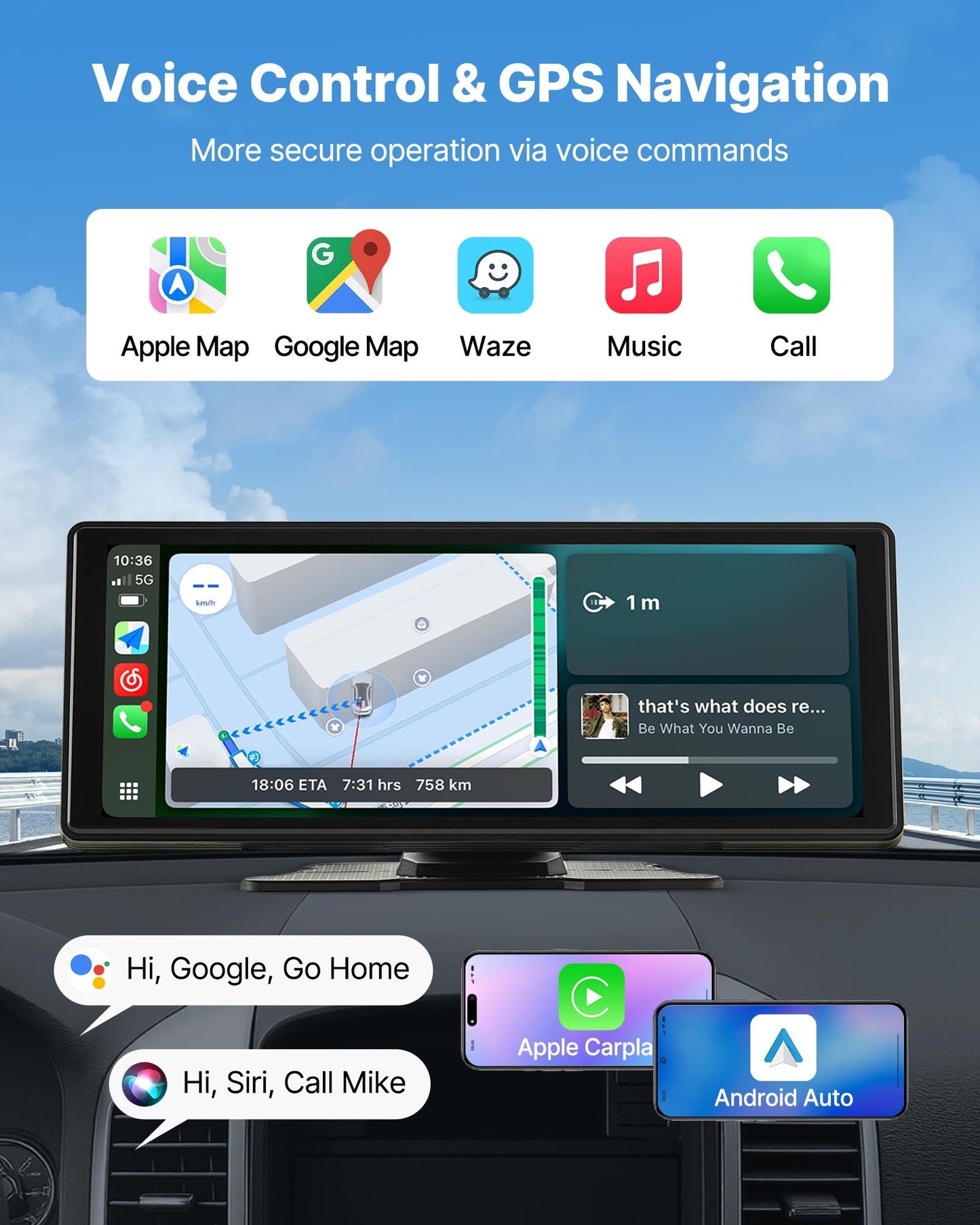 Wireless Car Stereo, 10-Inch HD Portable Radio Touch Screen Compatible with Apple CarPlay and Android Auto, CarPlay Screen for Car with Voice Control, Mirror Link, Bluetooth, GPS Navigation