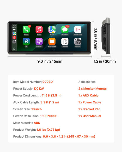 Wireless Car Stereo, 10-Inch HD Portable Radio Touch Screen Compatible with Apple CarPlay and Android Auto, CarPlay Screen for Car with Voice Control, Mirror Link, Bluetooth, GPS Navigation