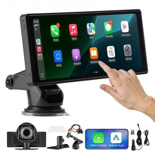 Wireless Car Stereo, 10-Inch HD Portable Radio Touch Screen with Apple CarPlay and Android Auto, CarPlay Screen with Front & Backup Cameras, Voice Control, Mirror Link, Bluetooth, GPS Navigation