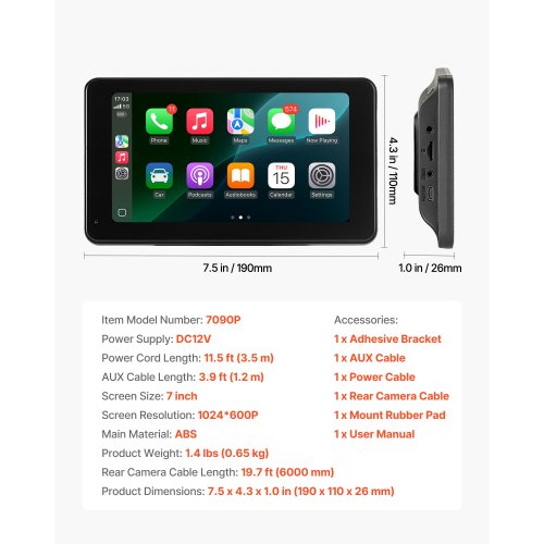 Bilstereo Radio CarPlay Pekskärm 7-tums Apple Android Automatisk backkamera