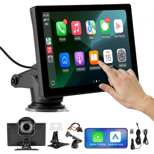 Wireless Car Stereo, 9-Inch HD Portable Radio Touch Screen with Apple CarPlay and Android Auto, CarPlay Screen with Front & Backup Cameras, Voice Control, Mirror Link, Bluetooth, GPS Navigation