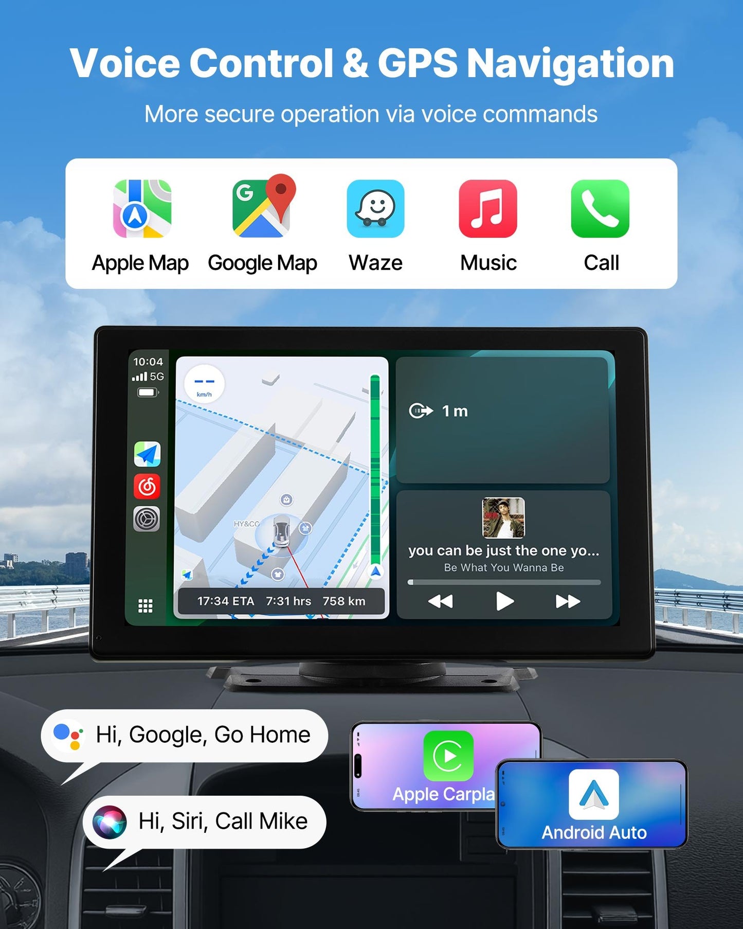 Wireless Car Stereo, 9-Inch HD Portable Radio Touch Screen with Apple CarPlay and Android Auto, CarPlay Screen with Front & Backup Cameras, Voice Control, Mirror Link, Bluetooth, GPS Navigation