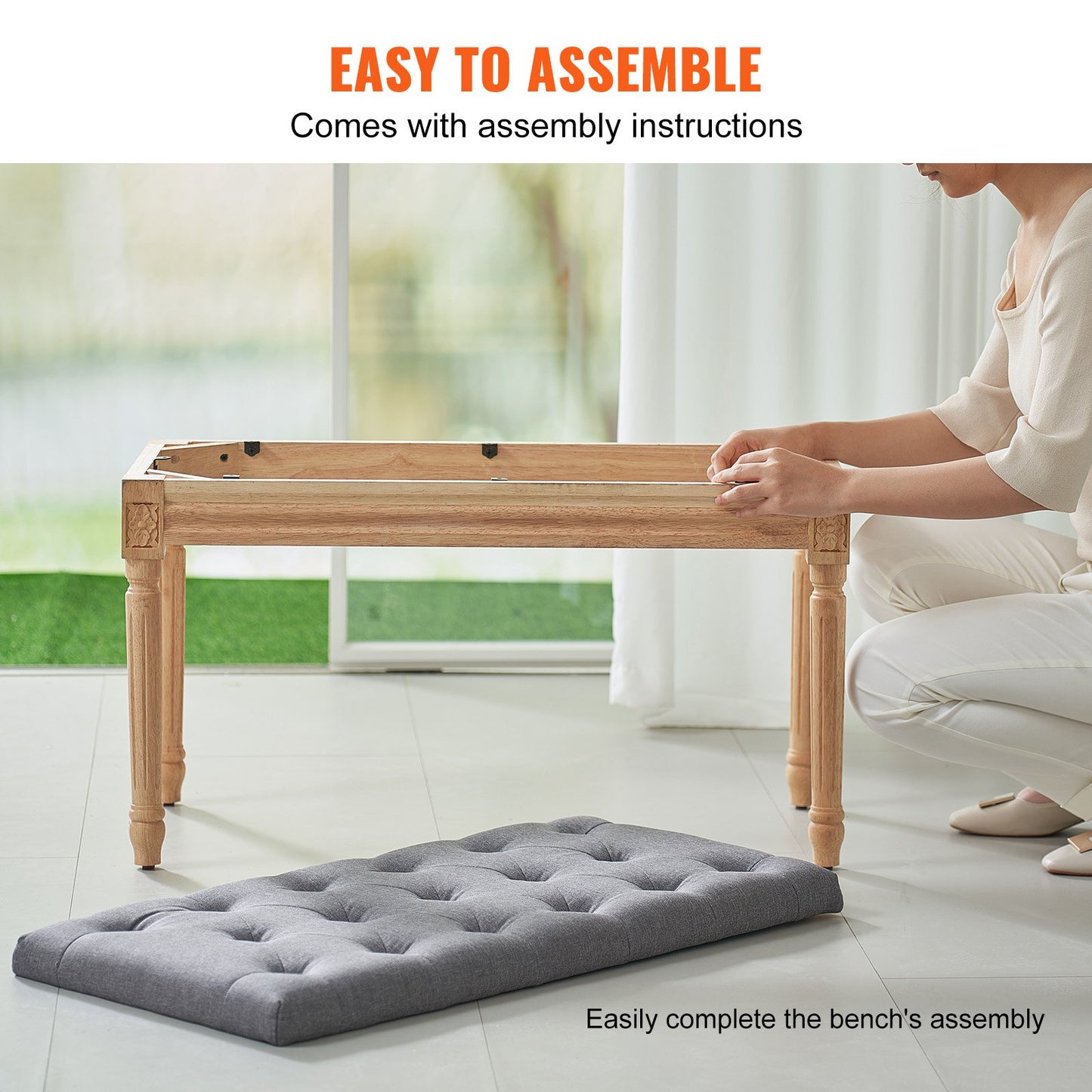 Stoppad bänk, 16" W ottomansk bänk, sängslutsbänk med skummad kudde och ben av gummi, tuftad fotstöd Pall Entrébänk för matsal, vardagsrum, sovrum, hall, grå