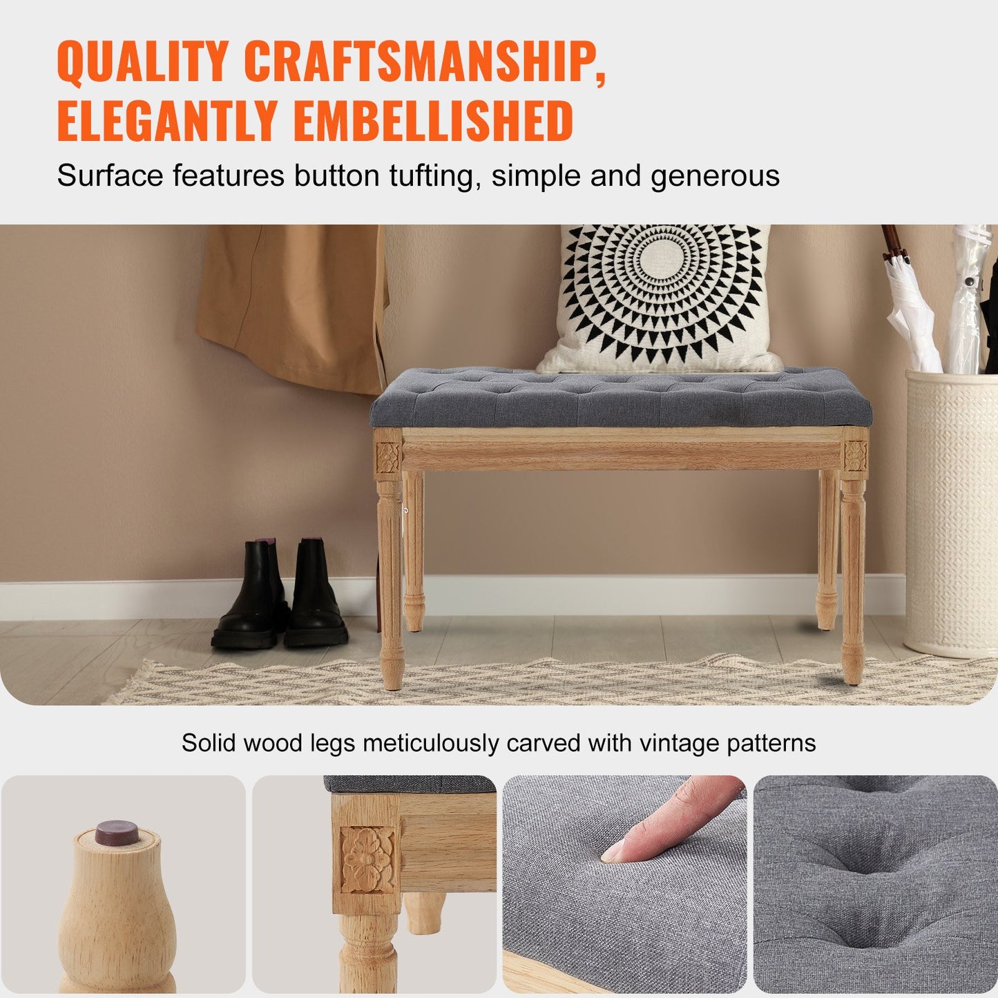 Stoppad bänk, 16" W ottomansk bänk, sängslutsbänk med skummad kudde och ben av gummi, tuftad fotstöd Pall Entrébänk för matsal, vardagsrum, sovrum, hall, grå