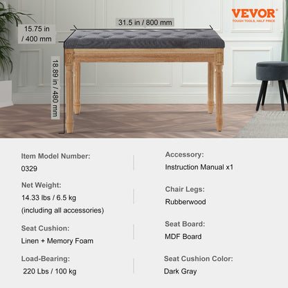 Stoppad bänk, 16" W ottomansk bänk, sängslutsbänk med skummad kudde och ben av gummi, tuftad fotstöd Pall Entrébänk för matsal, vardagsrum, sovrum, hall, grå