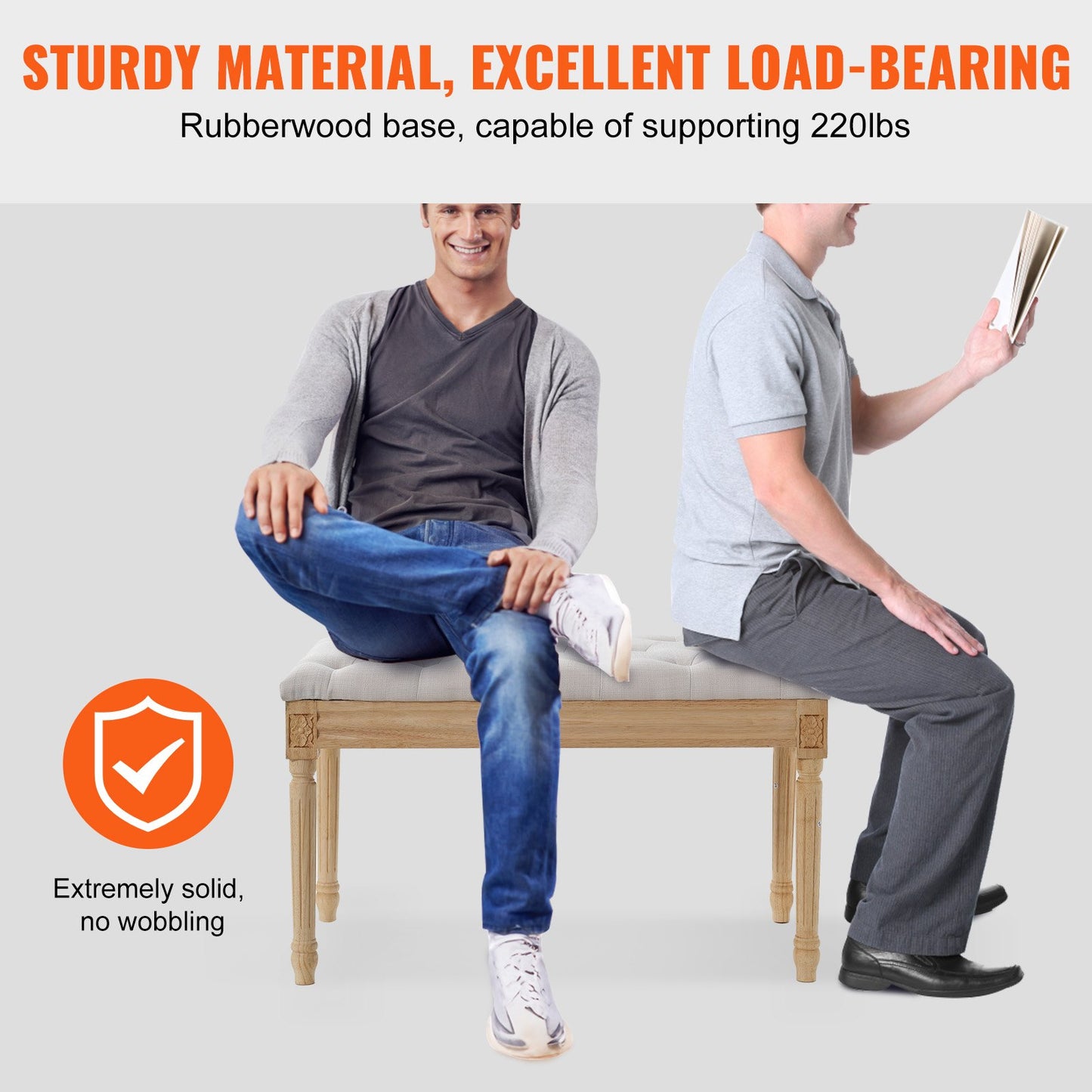 Gepolsterte Bank, 40,6 cm breite Ottomanenbank, Bettbank mit Schaumstoffkissen und Beinen aus Gummibaumholz, getufteter Fußhocker, Eingangsbank für Esszimmer, Wohnzimmer, Schlafzimmer, Flur, Beige