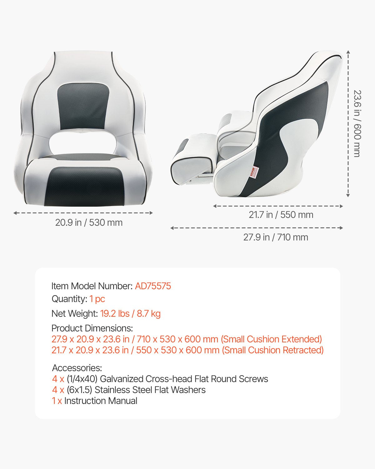 Boat Seat, High Backrest, Flip Up Boat Seat Captain Bucket Seat with Thickened Sponge Cushion & Waterproof PVC Leather, Ergonomic Design, Folding Boat Seat for Boats, Yachts, Ships, White & Grey