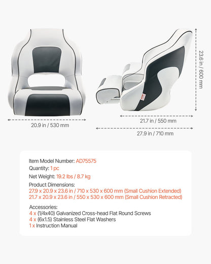 Boat Seat, High Backrest, Flip Up Boat Seat Captain Bucket Seat with Thickened Sponge Cushion & Waterproof PVC Leather, Ergonomic Design, Folding Boat Seat for Boats, Yachts, Ships, White & Grey